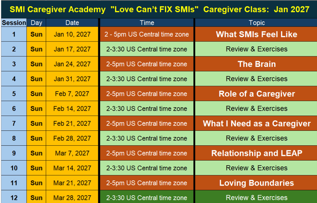 SMI Caregiver Academy "Love Can't FIX SMIs" Caregiver Class: Jan 2027 — 12 Sunday sessions with topics