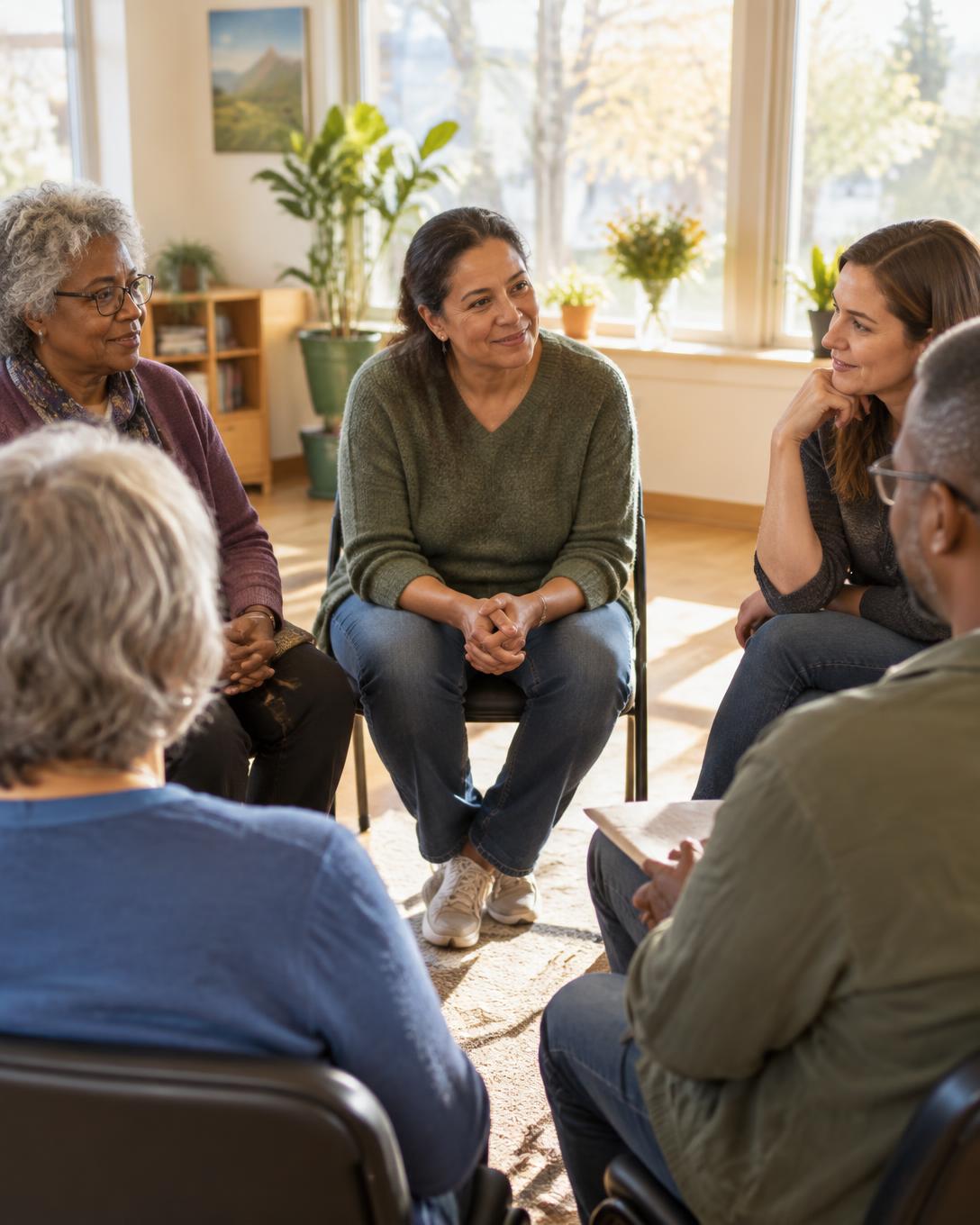 A small group of family caregivers seated in a circle in a sunlit community room